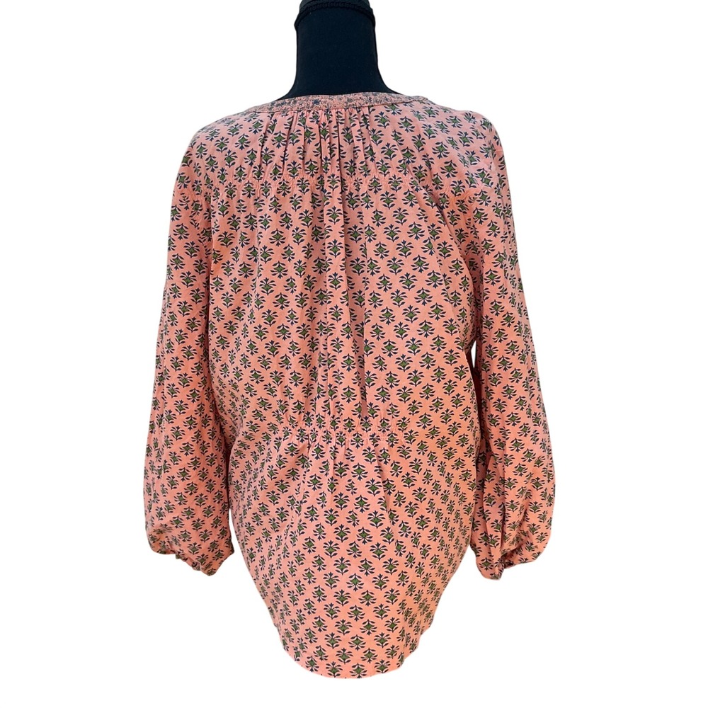 Sundance Pink Block Print Cotton Peasant Blouse Henley Top Large Boho - Picture 3 of 5